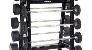 Fixed barbells, pro-style, urethane on a club pack rack