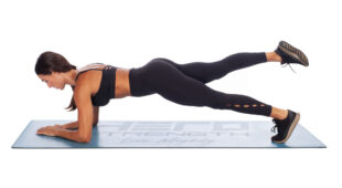 female athlete doing a forearm plank and leg lift