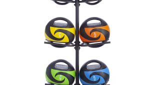 10 remedy balls on a black vertical rack in various colors