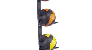 5 remedy balls on a black vertical rack in various colors - pink and black, orange and black, yellow and black, green and black