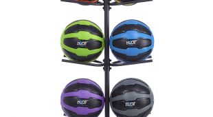 10 remedy balls on a black vertical rack in various colors