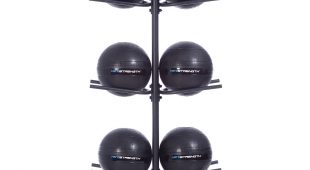 10 black remedy balls on a black vertical rack