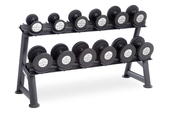 horizontally racked gel grip urethane dumbbells