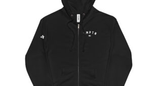 black zip up hoodie with white hampton logo on the chest